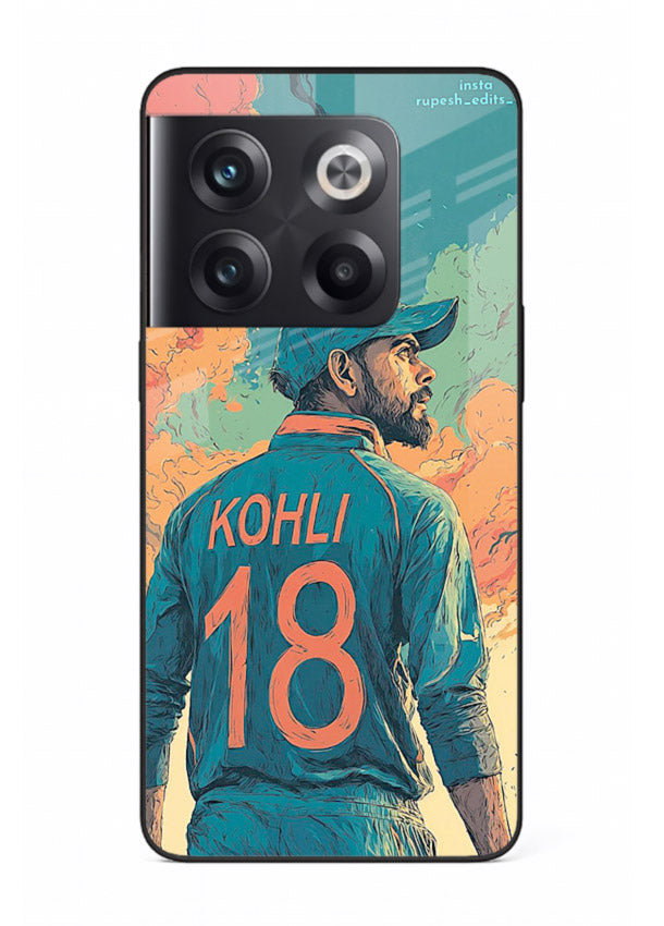 Kohli number eighteen artwork printed on premium tempered glass OnePlus 10T back cover
