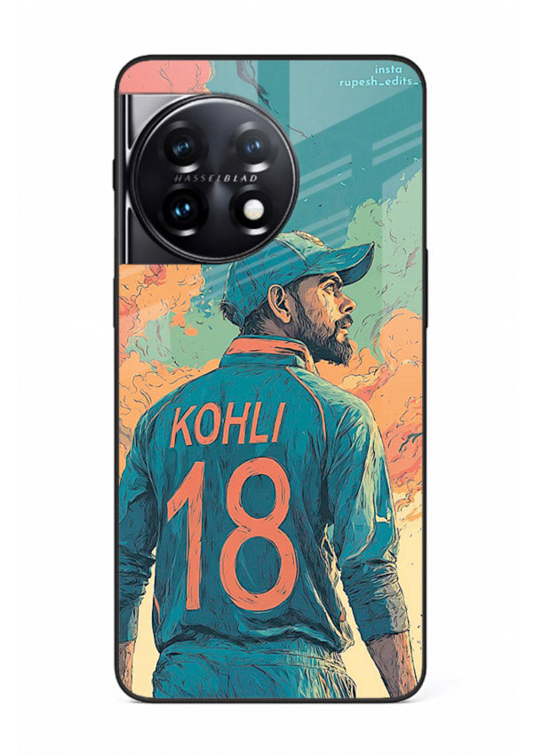 Kohli number eighteen artwork printed on premium tempered glass OnePlus 11R back cover