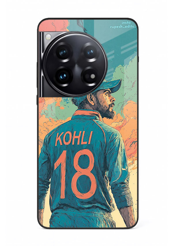 Kohli number eighteen artwork printed on premium tempered glass OnePlus 12 back cover