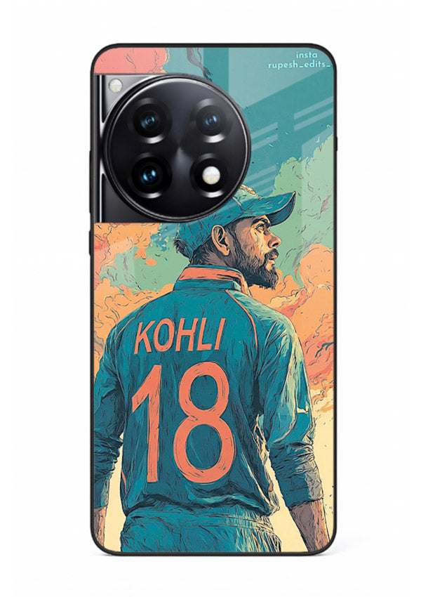 Kohli number eighteen artwork printed on premium tempered glass OnePlus 12R back cover
