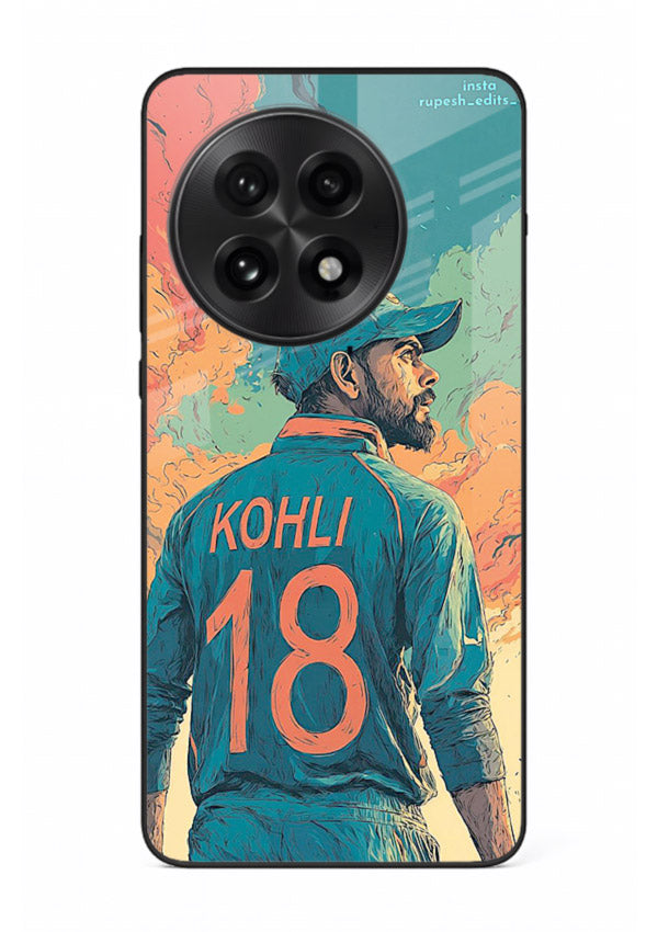Kohli number eighteen artwork printed on premium tempered glass OnePlus 13 back cover