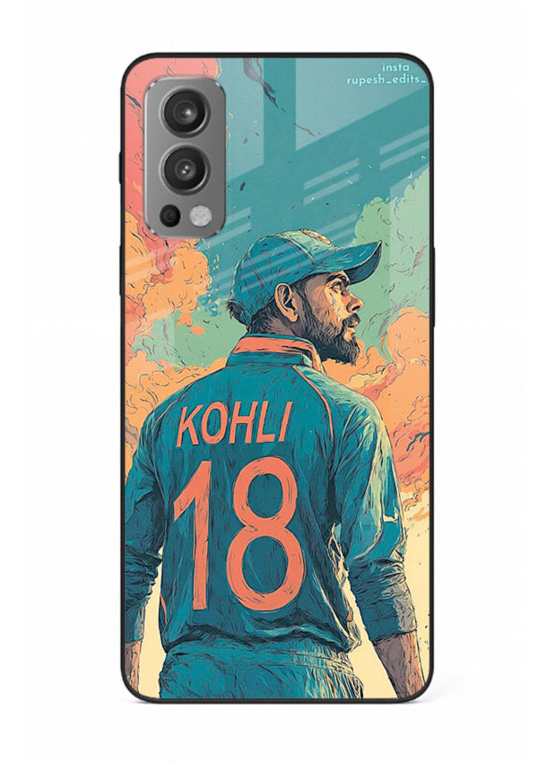 Kohli number eighteen artwork printed on premium tempered glass OnePlus Nord 2 back cover