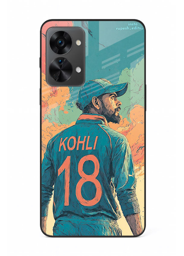 Kohli number eighteen artwork printed on premium tempered glass OnePlus Nord 2T back cover