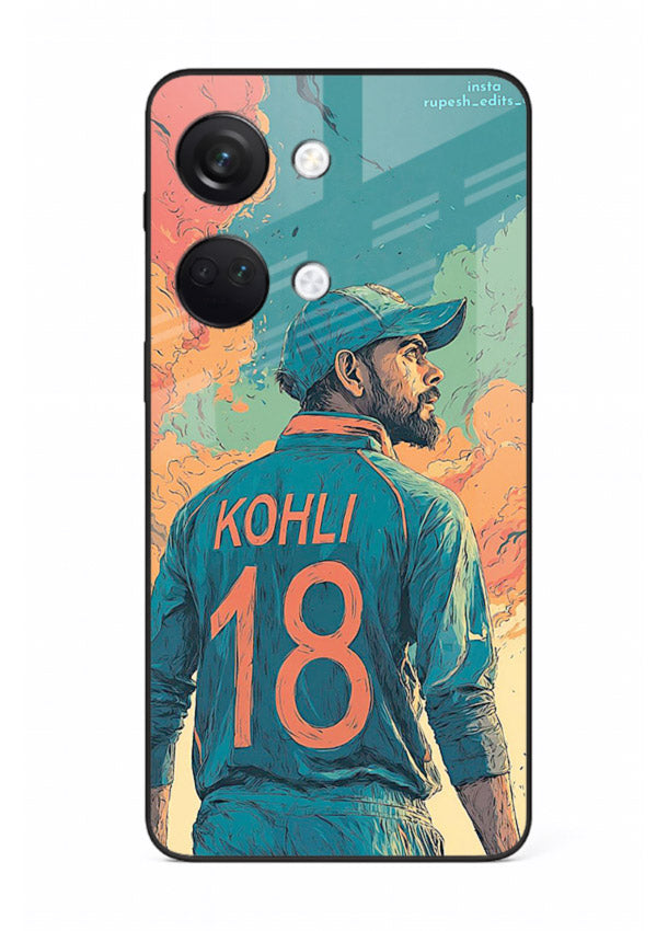 Kohli number eighteen artwork printed on premium tempered glass OnePlus Nord 3 back cover