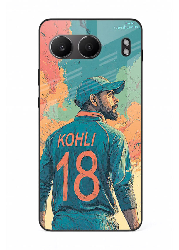 Kohli number eighteen artwork printed on premium tempered glass OnePlus Nord 4 back cover