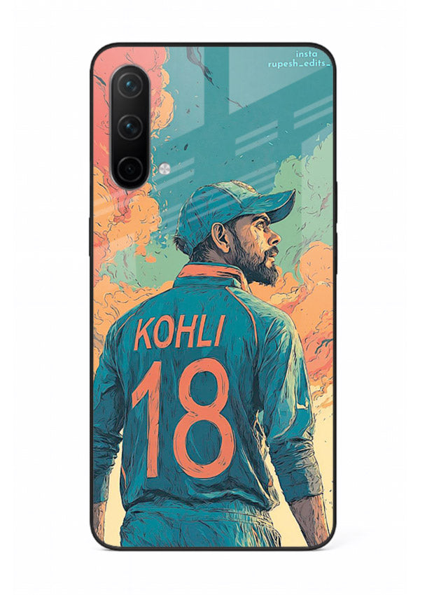 Kohli number eighteen artwork printed on premium tempered glass OnePlus Nord CE 5G back cover