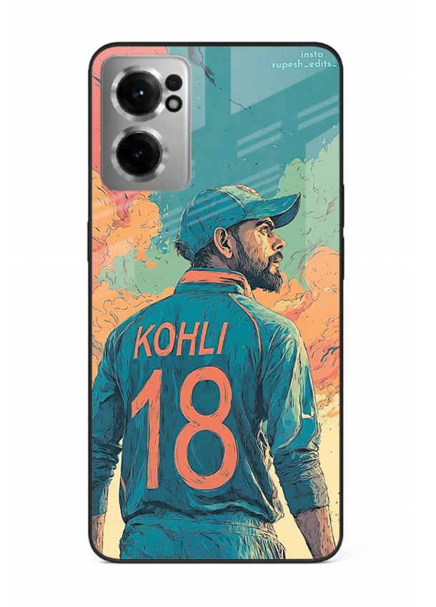 Kohli number eighteen artwork printed on premium tempered glass OnePlus Nord CE2 5G back cover