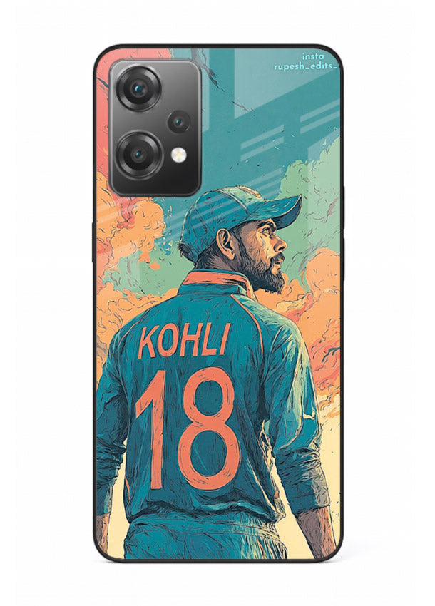 Kohli number eighteen artwork printed on premium tempered glass OnePlus Nord CE2 Lite 5G back cover
