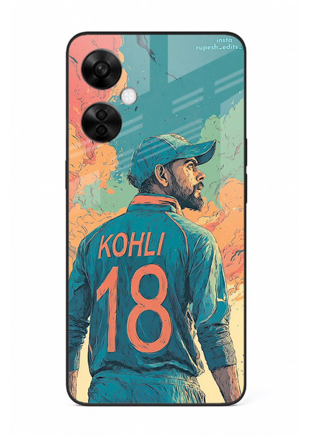 Kohli number eighteen artwork printed on premium tempered glass OnePlus Nord CE3 Lite back cover