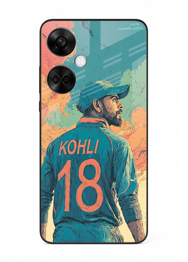 Kohli number eighteen artwork printed on premium tempered glass OnePlus Nord CE3 back cover