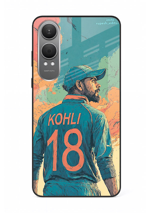 Kohli number eighteen artwork printed on premium tempered glass OnePlus Nord CE4 Lite back cover