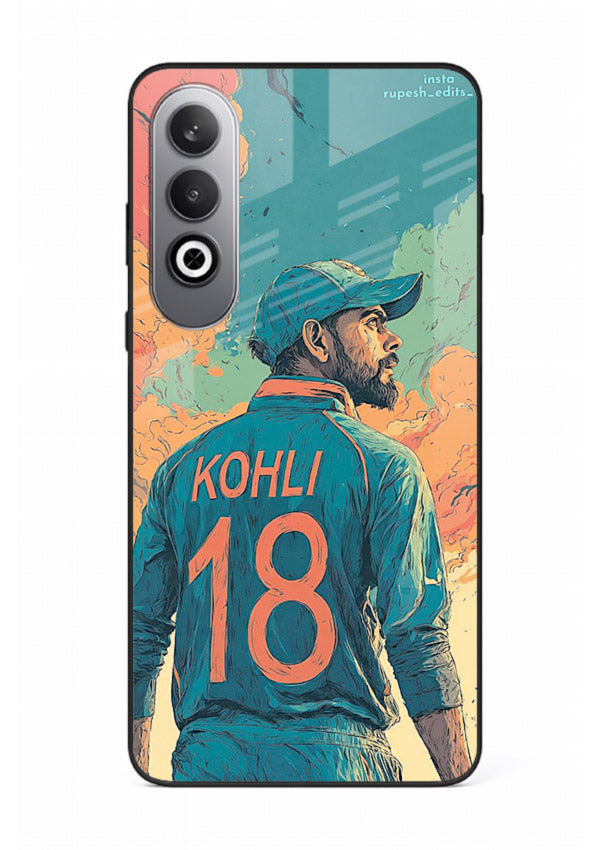 Kohli number eighteen artwork printed on premium tempered glass OnePlus Nord CE4 back cover