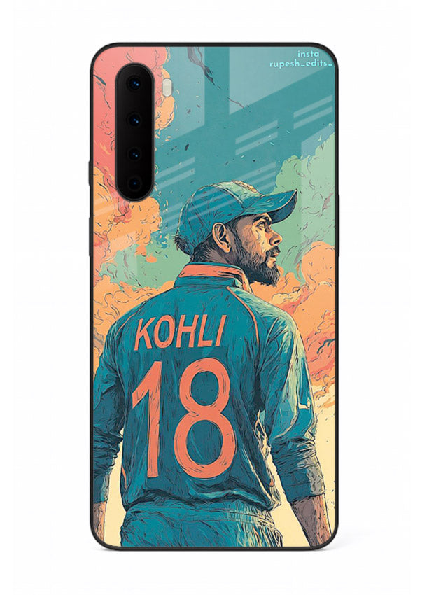 Kohli number eighteen artwork printed on premium tempered glass OnePlus Nord back cover