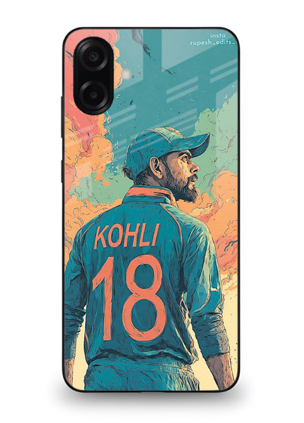 Kohli number eighteen artwork printed on premium tempered glass Samsung A07 4G back cover