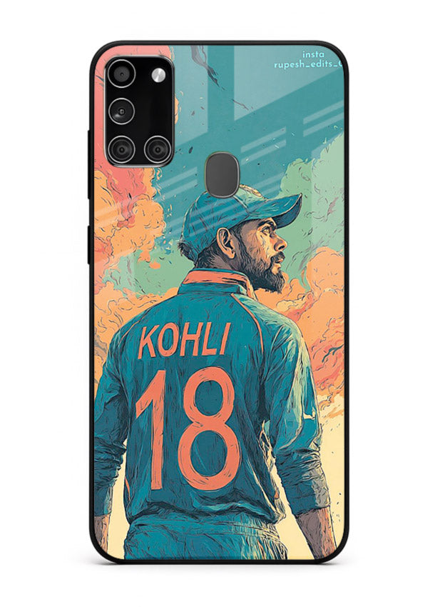 Kohli number eighteen artwork printed on premium tempered glass Samsung A21s back cover