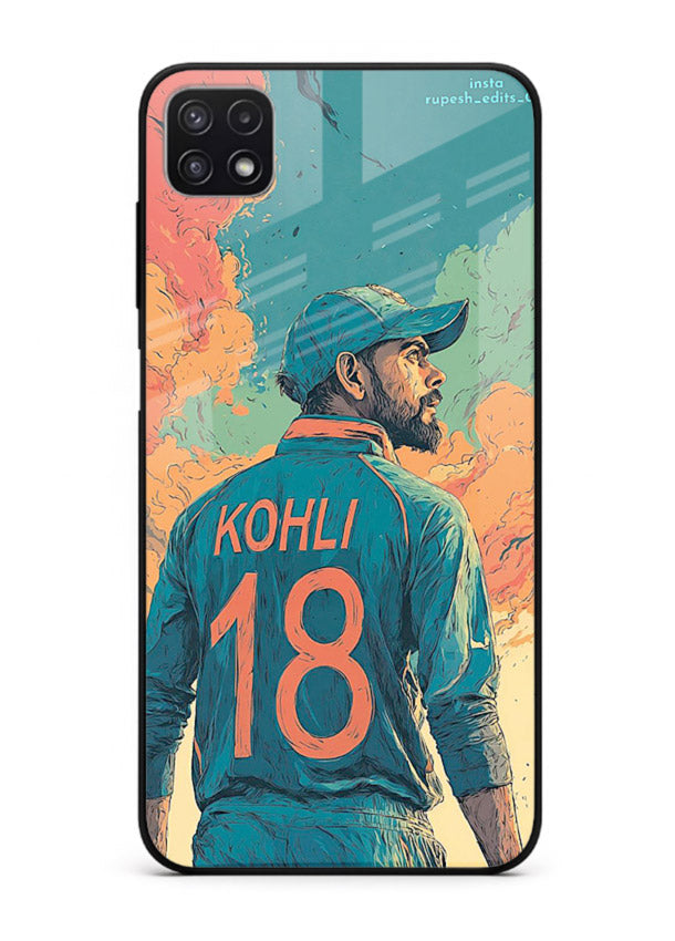 Kohli number eighteen artwork printed on premium tempered glass Samsung F42 5G back cover