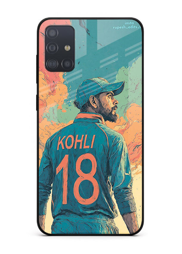 Kohli number eighteen artwork printed on premium tempered glass Samsung A51 back cover