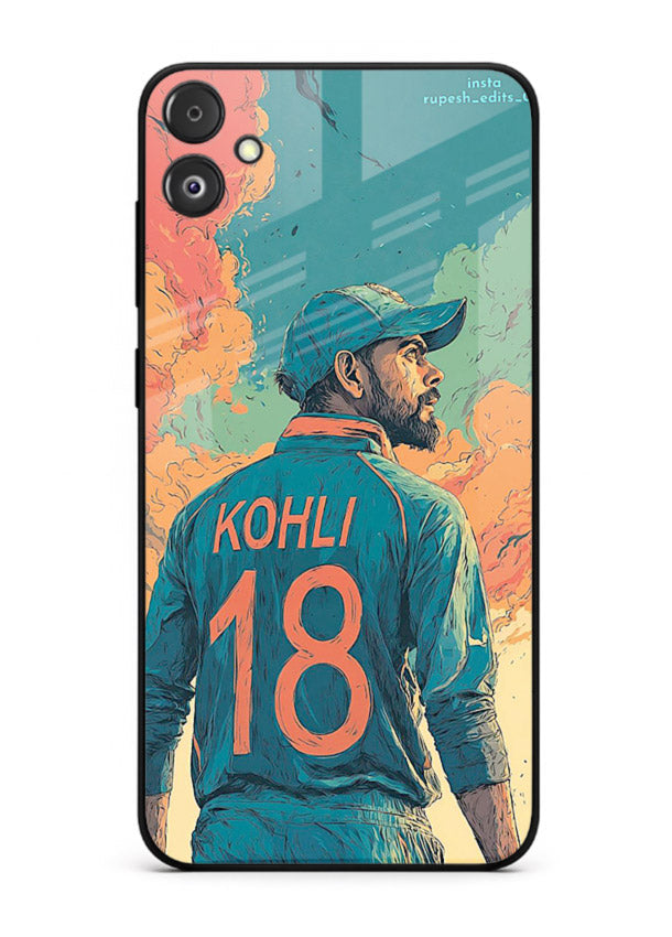 Kohli number eighteen artwork printed on premium tempered glass Samsung F04 5G back cover