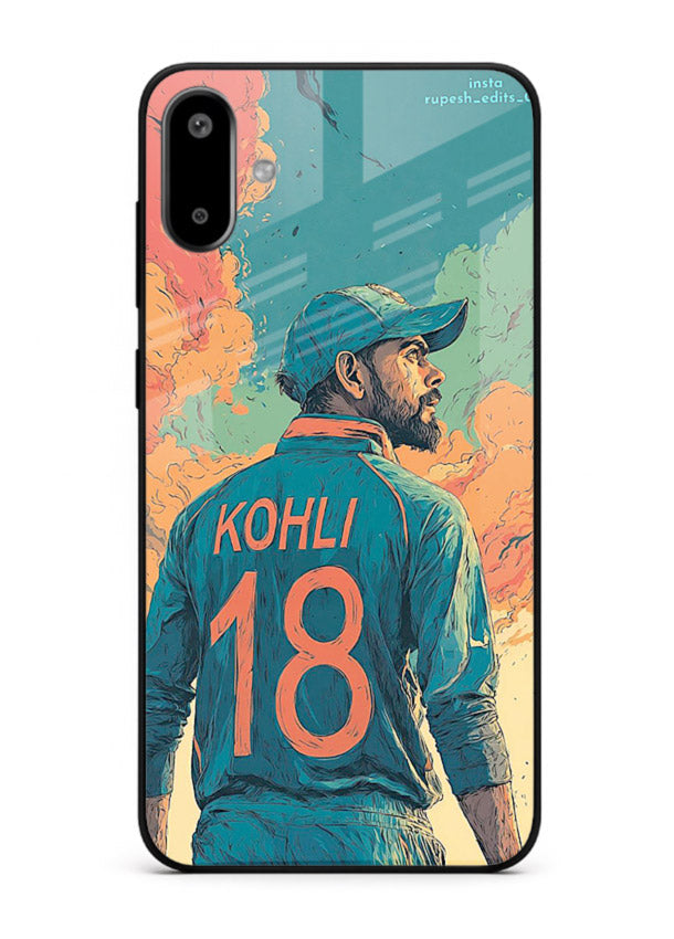 Kohli number eighteen artwork printed on premium tempered glass Samsung F06 5G back cover