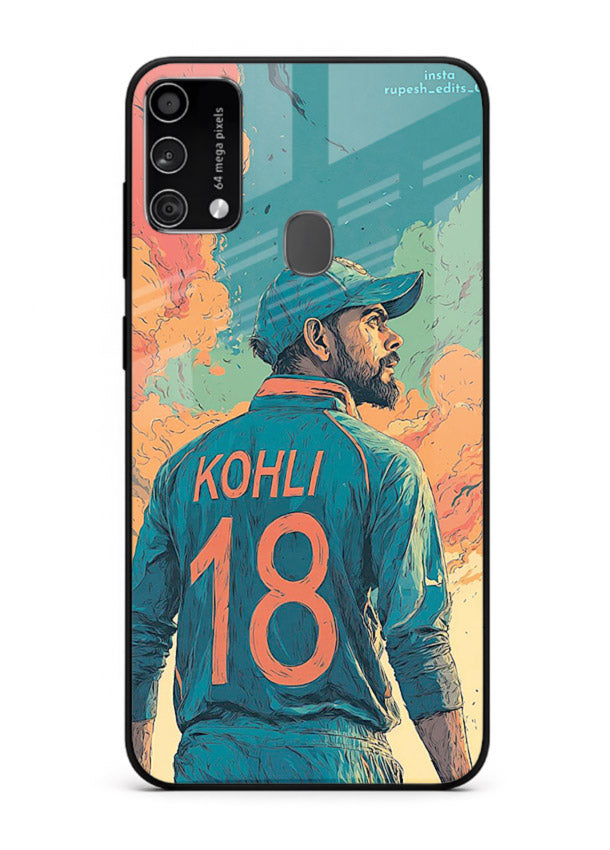 Kohli number eighteen artwork printed on premium tempered glass Samsung F41 back cover