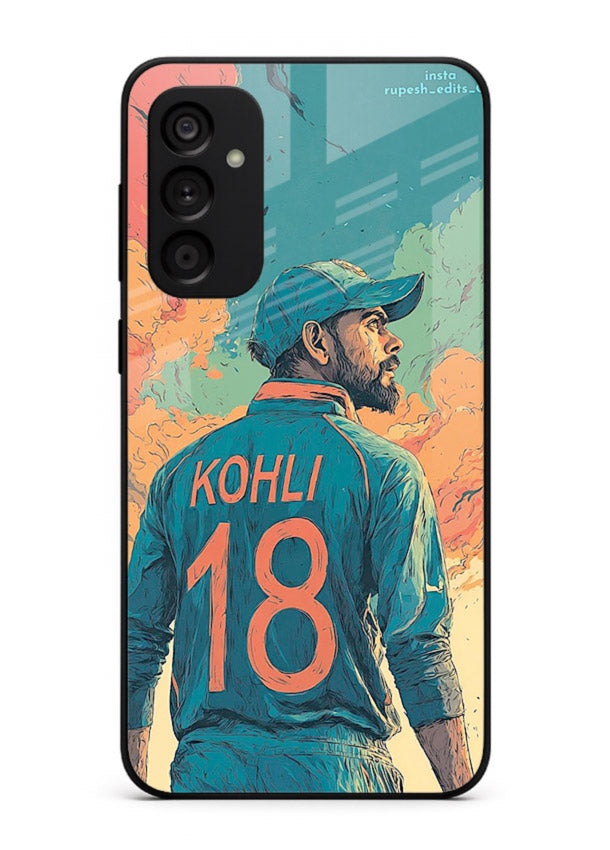 Kohli number eighteen artwork printed on premium tempered glass Samsung M15 5G back cover