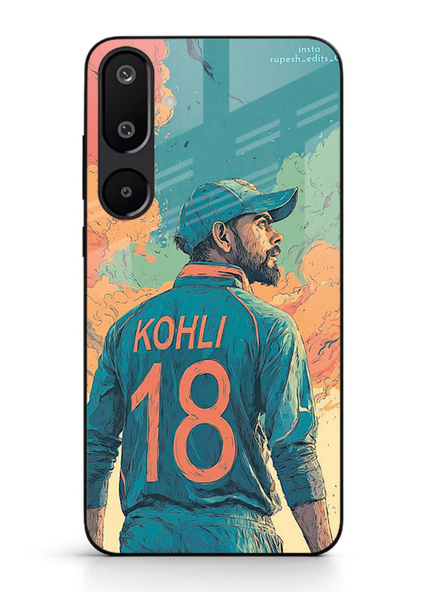 Kohli number eighteen artwork printed on premium tempered glass Samsung M16 5G back cover