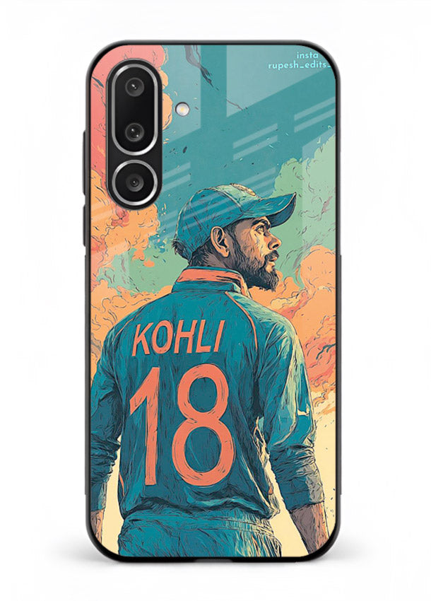 Kohli number eighteen artwork printed on premium tempered glass Samsung M36 5G back cover