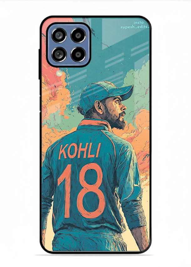 Kohli number eighteen artwork printed on premium tempered glass Samsung F62 back cover