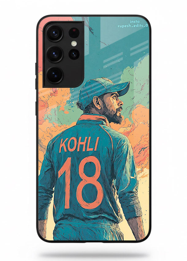 Kohli number eighteen artwork printed on premium tempered glass Samsung S21 Ultra back cover