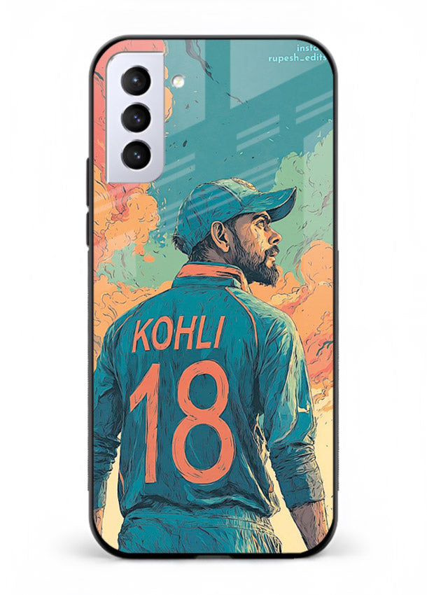 Kohli number eighteen artwork printed on premium tempered glass Samsung S21 Plus back cover