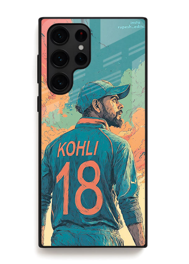 Kohli number eighteen artwork printed on premium tempered glass Samsung S25 Ultra back cover