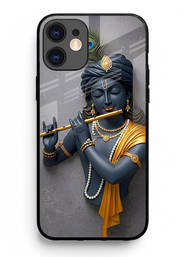 Blue Krishna playing flute iphone 12 mini glass cover spiritual divine artwork