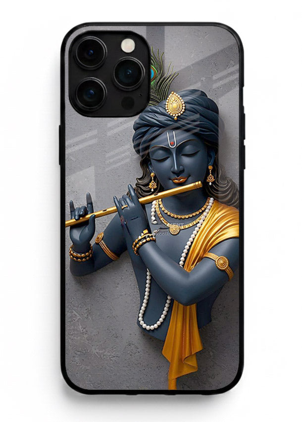 Blue Krishna playing flute iphone 14 pro max glass cover spiritual divine artwork