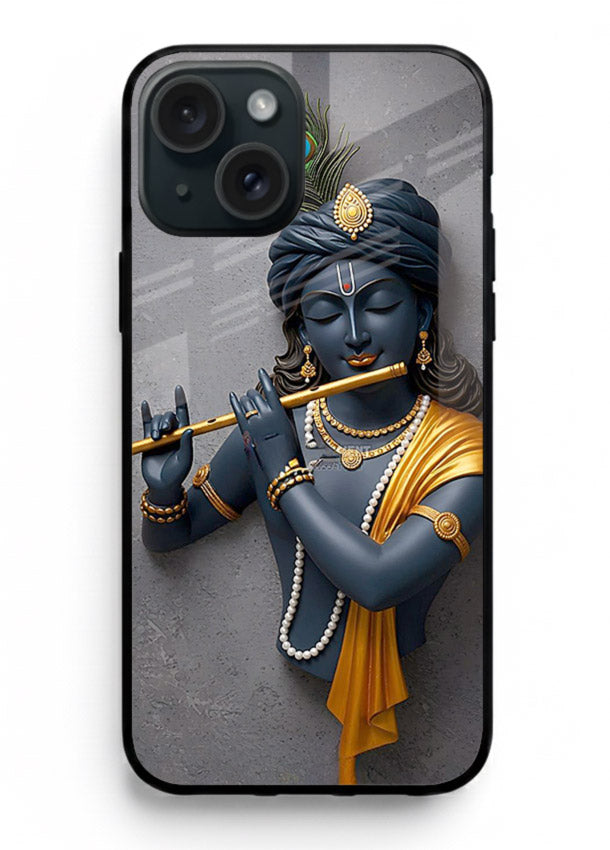 Blue Krishna playing flute iphone 15 plus glass cover spiritual divine artwork