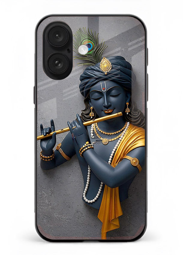 Blue Krishna playing flute iphone 17 glass cover spiritual divine artwork