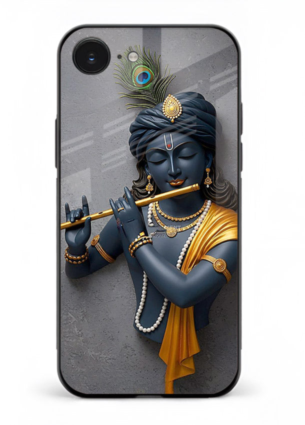 Blue Krishna playing flute iphone 16e glass cover spiritual divine artwork