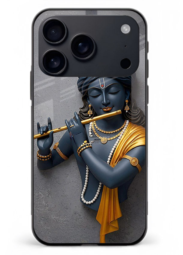 Blue Krishna playing flute iphone 17 pro max glass cover spiritual divine artwork