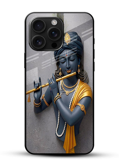 Blue Krishna playing flute glossy vibrant premium glass cover spiritual divine artwork - Angle Front