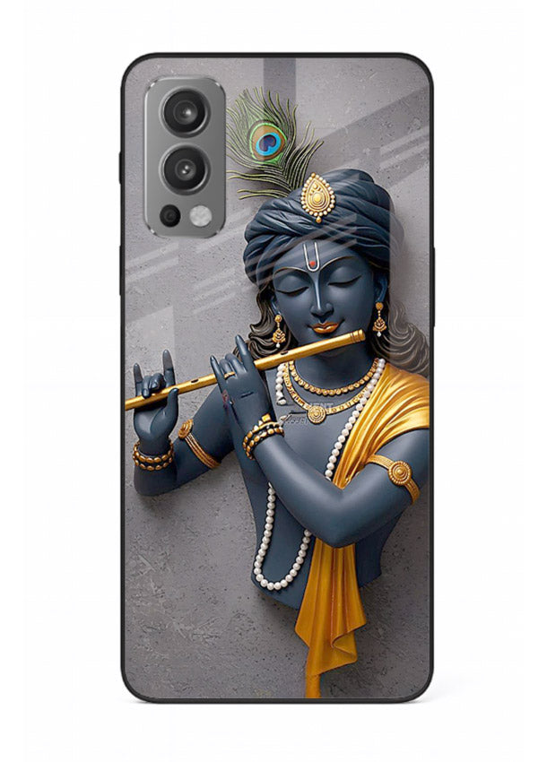 Blue Krishna playing flute OnePlus Nord 2 glass cover spiritual divine artwork