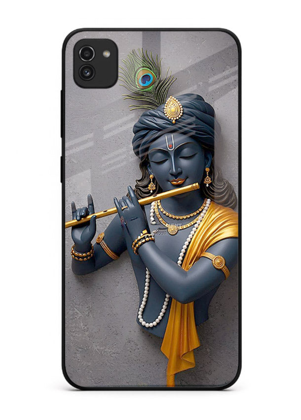Blue Krishna playing flute Samsung A03 glass cover spiritual divine artwork