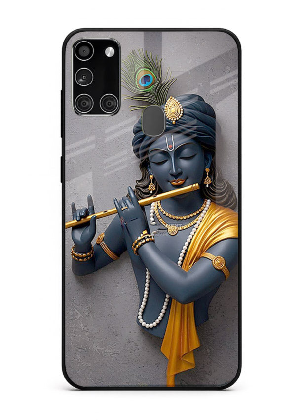 Blue Krishna playing flute Samsung A21s glass cover spiritual divine artwork