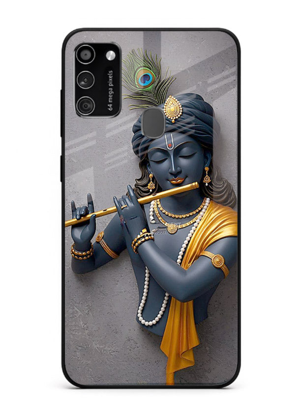 Blue Krishna playing flute Samsung M30s glass cover spiritual divine artwork