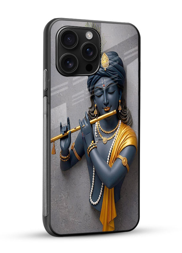 Blue Krishna playing flute glossy vibrant premium glass cover spiritual divine artwork - Angle Side