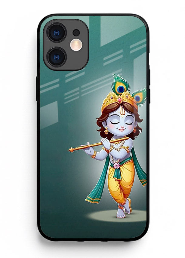 Cute blue Krishna standing flute art iphone 12 mini glass back devotional case