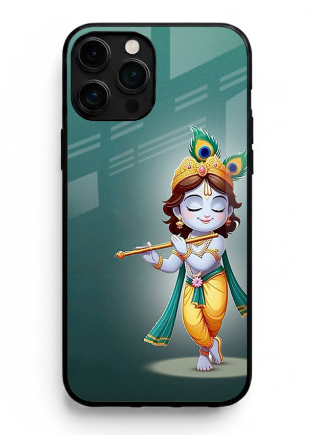 Cute blue Krishna standing flute art iphone 14 pro max glass back devotional case
