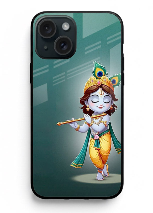 Cute blue Krishna standing flute art iphone 15 plus glass back devotional case
