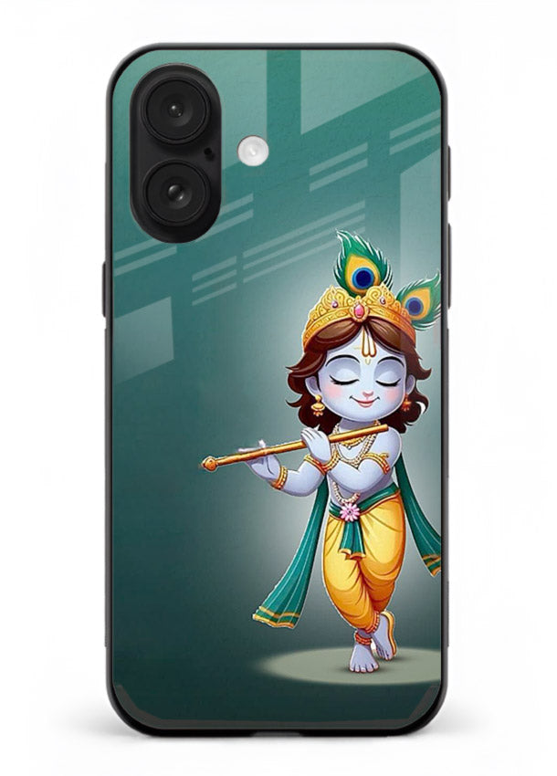 Cute blue Krishna standing flute art iphone 17 glass back devotional case