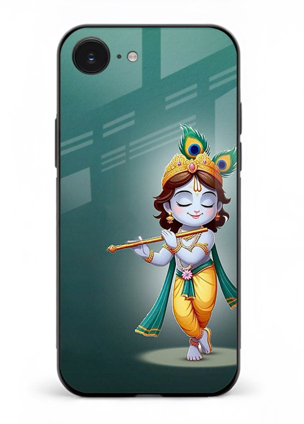 Cute blue Krishna standing flute art iphone 16e glass back devotional case