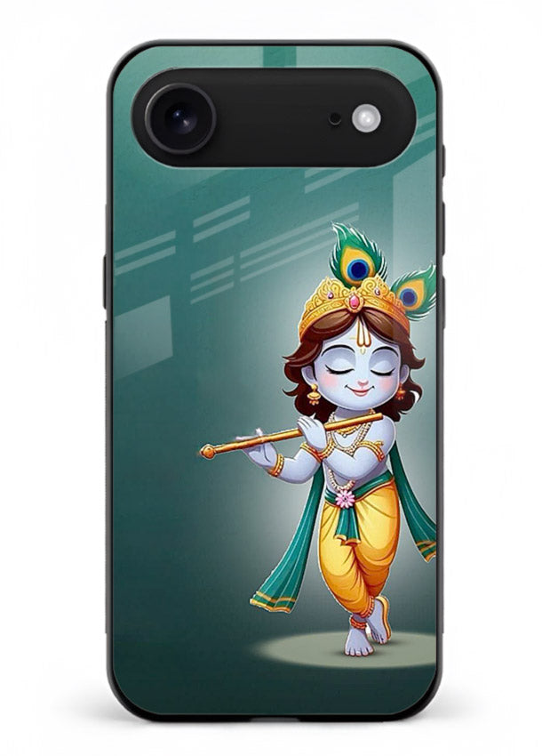 Cute blue Krishna standing flute art iphone 18 air glass back devotional case