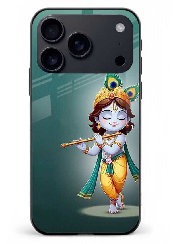 Cute blue Krishna standing flute art iphone 17 pro max glass back devotional case